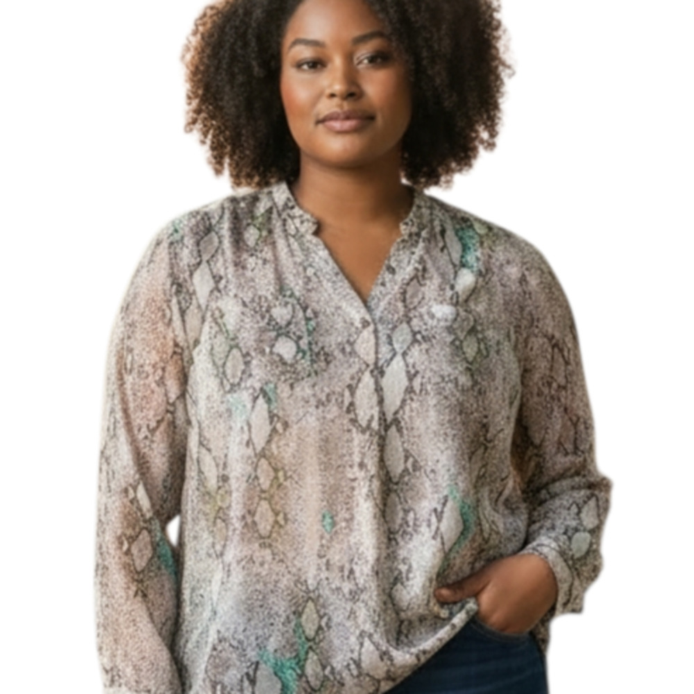 COVINGTON Women's Plus 3X Blouse Sheer Snakeskin Pattern Long Sleeve Button Up